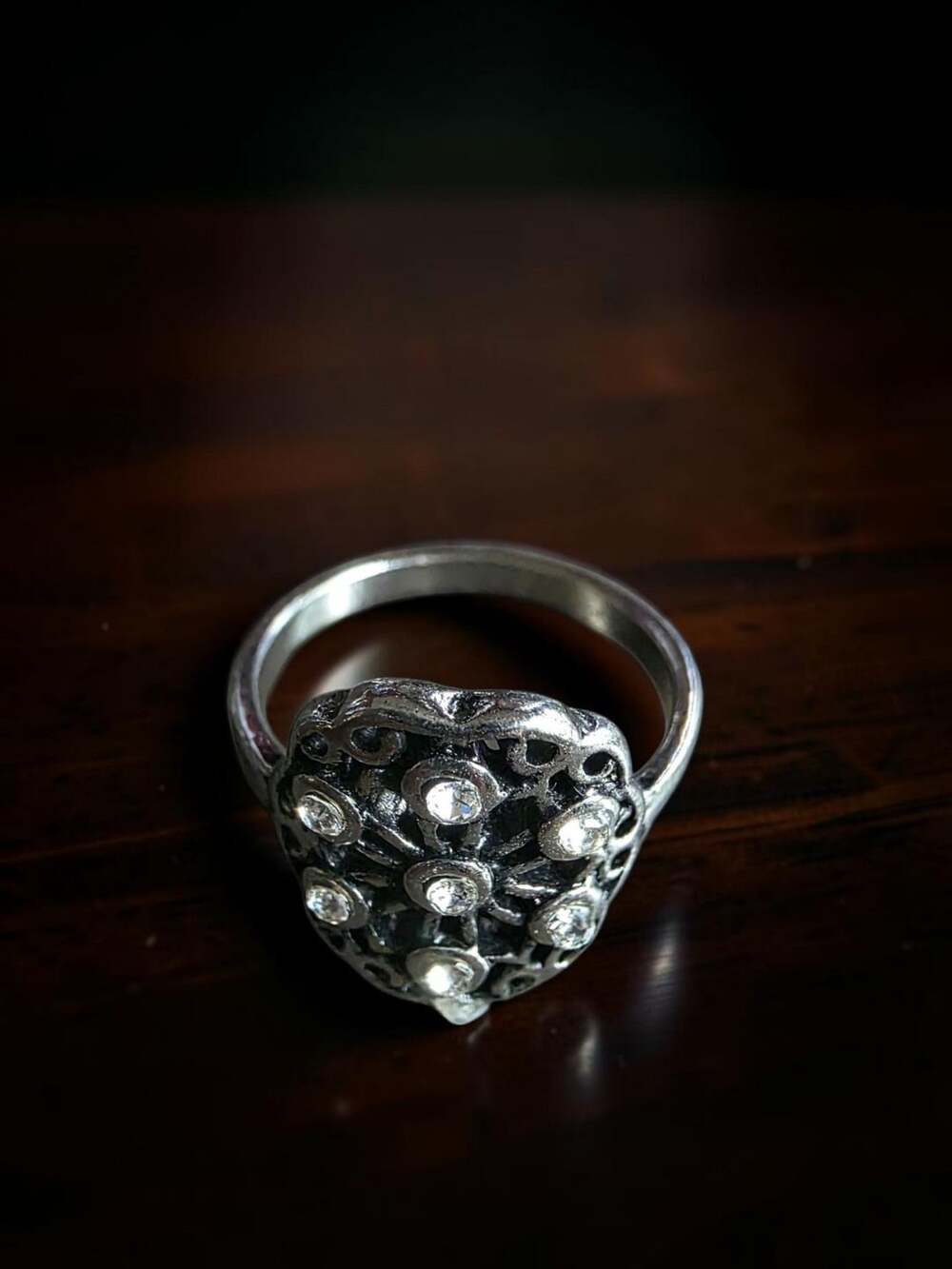 Vintage Style Antiqued Silver Filigree Rhinestone Shield Ring Size 8